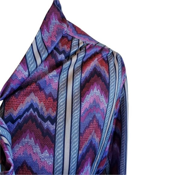 Vintage 80s Womens Plus Size 1X Chevron Purple Blouse Necktie Longsleeve - Picture 2 of 4